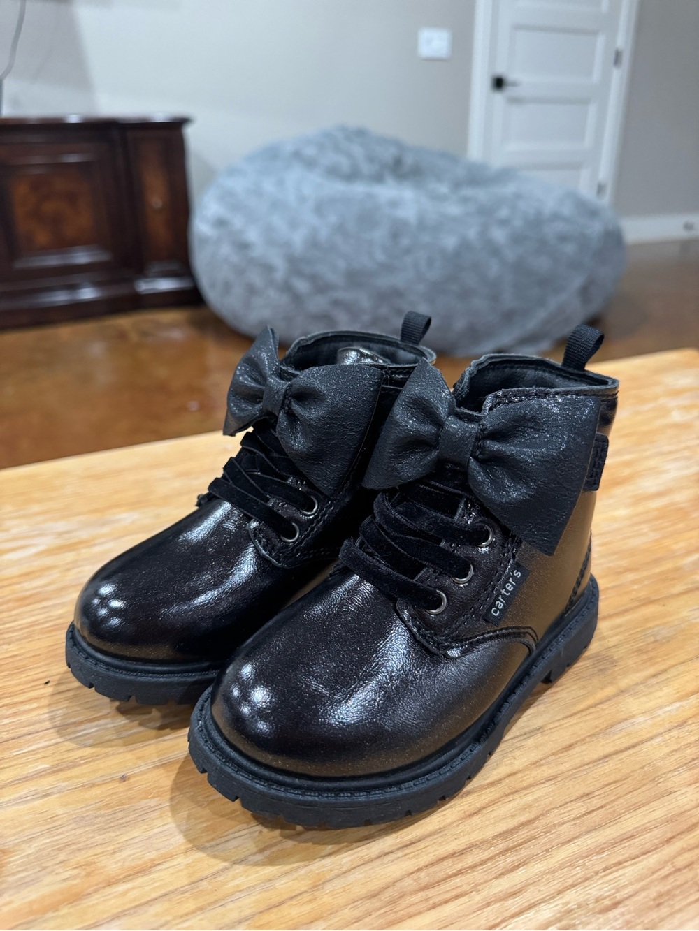 Carter's Toddler Girl Black Ankle Boots With Bow NWOB